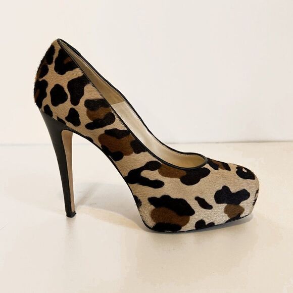 Brian Atwood Leopard Print Calf Hair Slip On Platform Pumps - Picture 1 of 7